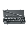 JUEGO DE 21 PIEZAS, COPAS RAIZ DE 3/4, 12 PUNTOS EN PULG, RATCHET EXTENSION Y BARRA CON CAJA METALICA. MARCA STANLEY