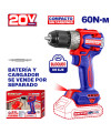 BARRENO/TALADRO ROTACIONAL INALAMBRICO 20V, BRUSHLESS, MANDRIL METALICO 1/2, TORQUE 60NM, SIN BATERIA NI CARGADOR. EMTOP